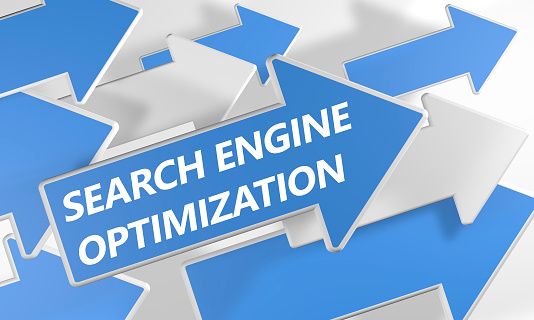 Search Engine Optimization 3d render concept with blue and white arrows flying upwards over a white background.