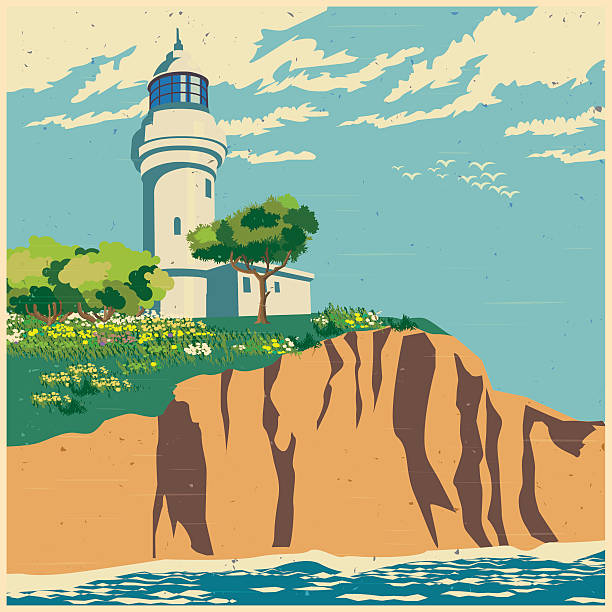 ilustraciones, imágenes clip art, dibujos animados e iconos de stock de faro en el acantilado viejo cartel - coastline