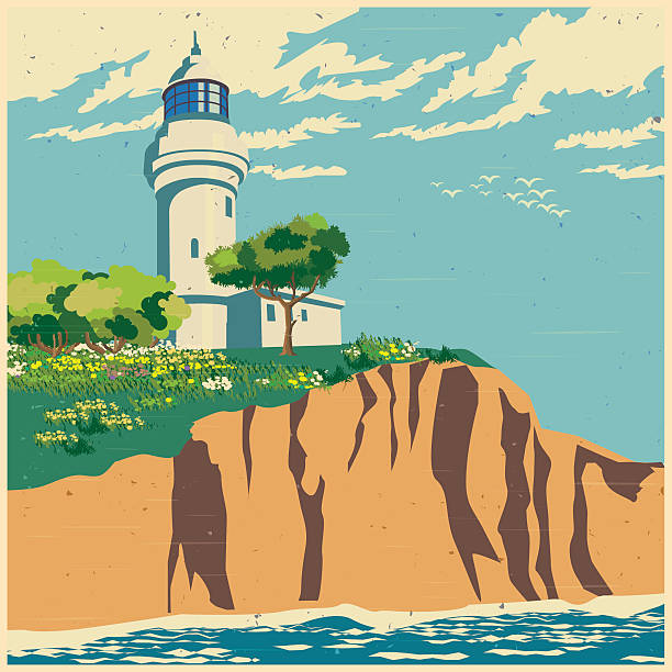 illustrations, cliparts, dessins animés et icônes de vieux phare sur la falaise à baldaquin - coastline