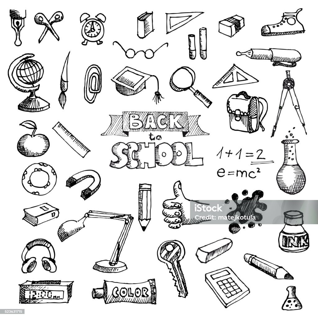 Back to School Supplies Sketchy Doodles with Lettering Scribble stock vector