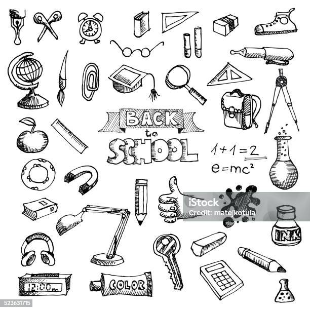 Back To School Supplies Sketchy Doodles With Lettering Stock Illustration - Download Image Now