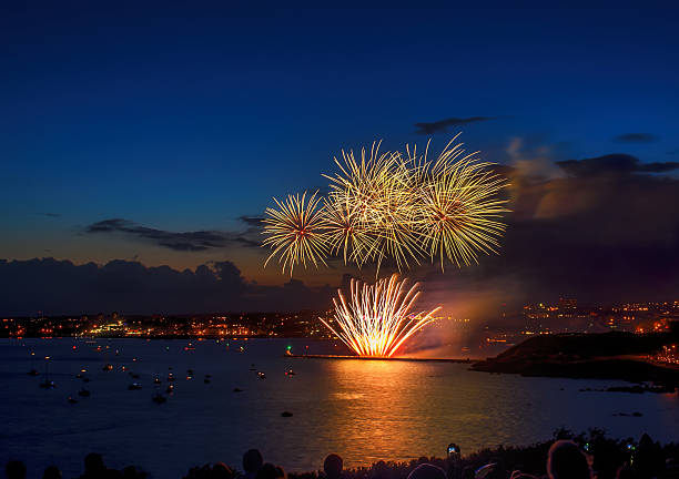 Colorful fireworks over the sea in Plymouth