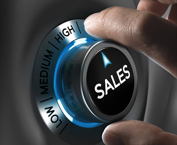 Sales Strategy Concept Image Sales button pointing the highest position with two fingers, blue and grey tones, Conceptual image for sales strategyor performance sales occupation stock pictures, royalty-free photos & images
