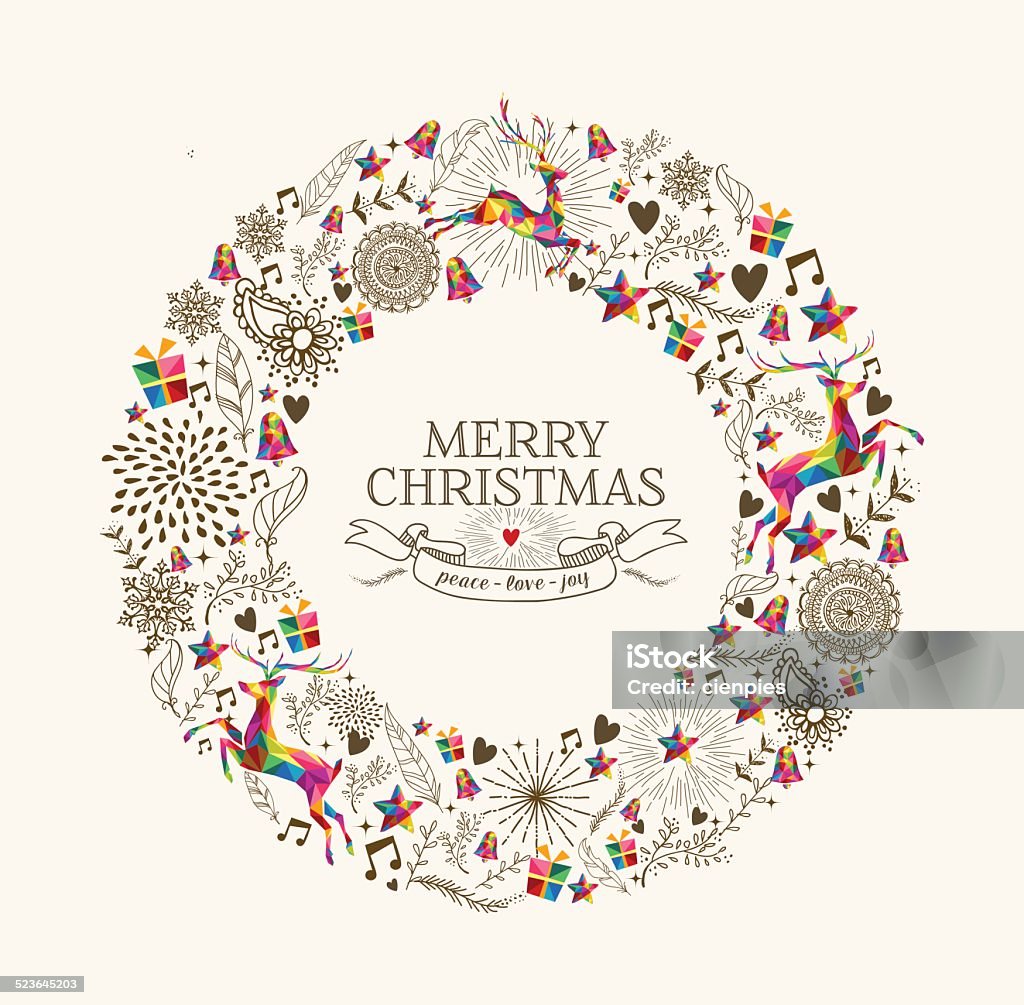 Vintage Christmas wreath greeting card Vintage Christmas wreath garland shape with colorful reindeer and retro label greeting card. EPS10 vector file organized in layers for easy editing. Abstract stock vector