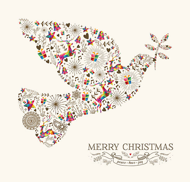 빈티지 크리스마스 평화 집비둘기 축하글 카드 - 평화의 상징 stock illustrations