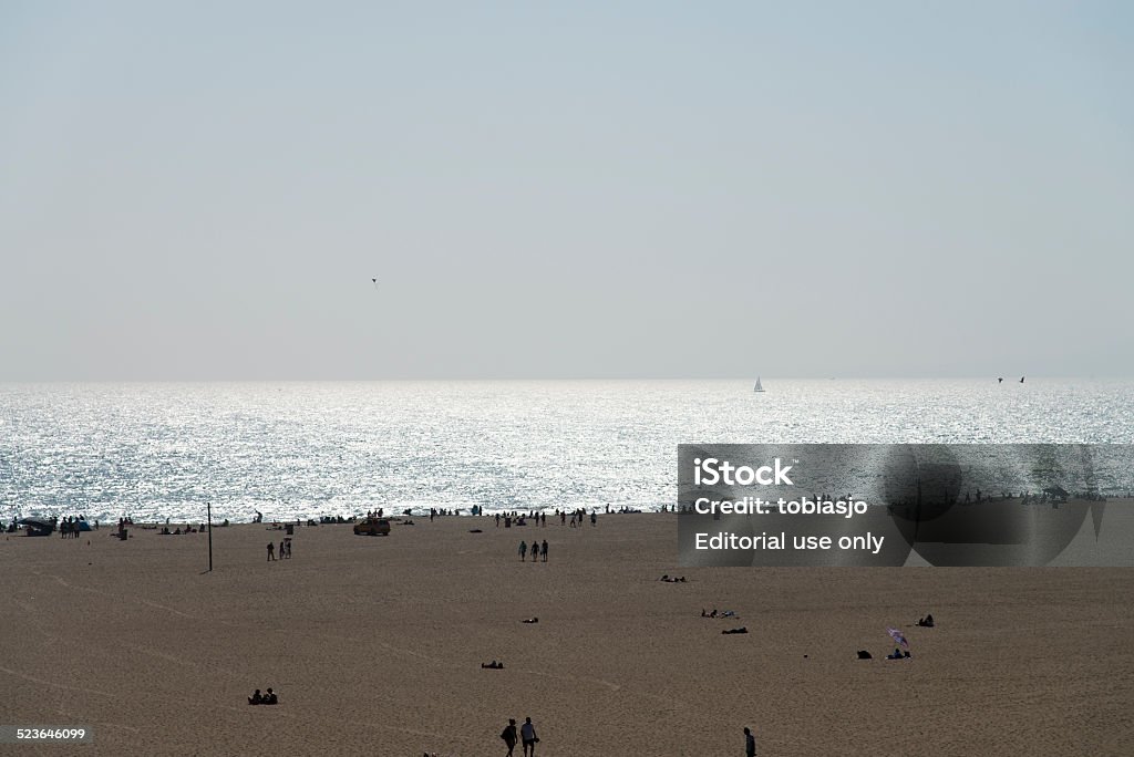 Santa Monica Beach Santa Monica, California, USA - May 27, 2014: People sunbathing and swimming during a hot summer day at the Santa Monica beach in Los Angeles, USA. Beach Stock Photo