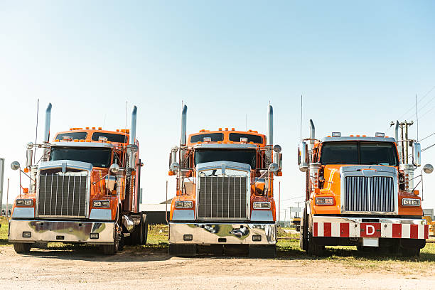 Different make and models of big rigs semi trucks and loaded semi trailers standing on rest area parking lot in green forest for take a break and follow the schedule in accordance with the log book