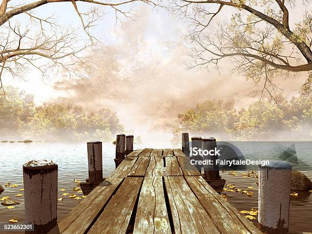 Wooden Dock With Tree Branches Stock Photo - Download Image Now - Autumn, Forest, Horizontal