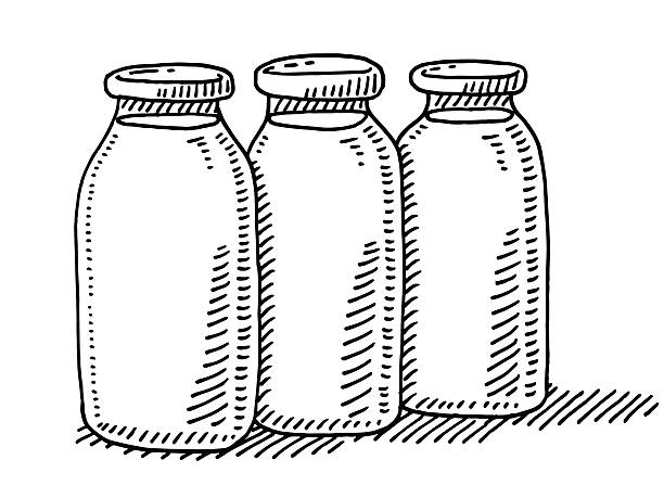 Three Bottles Of Milk Drawing Hand-drawn vector drawing of Three Bottles Of Milk. Black-and-White sketch on a transparent background (.eps-file). Included files are EPS (v10) and Hi-Res JPG. glass of milk transparent background stock illustrations