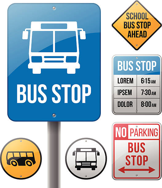 ilustrações de stock, clip art, desenhos animados e ícones de sinais de paragem de autocarro - public transportation route