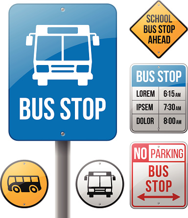 Bus stop, warning and bus schedule signs with space for copy. EPS 10 file. Transparency effects used on highlight elements.