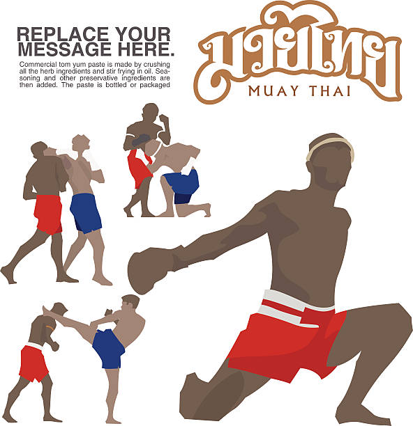 muay thai -schriftzug und silhouette-illustration - muay thai stock-grafiken, -clipart, -cartoons und -symbole