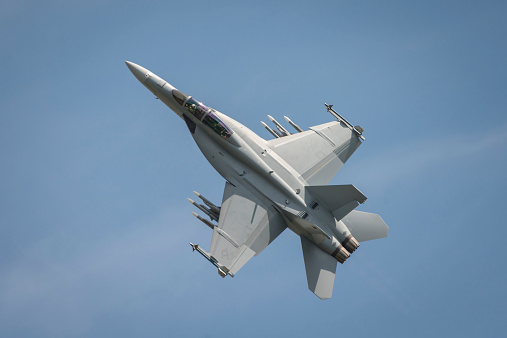 Fairford, UK - 12 July, 2014: A USAF F18f Super Hornet aircraft displaying at the Royal International Air Tattoo.