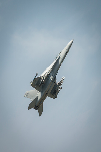 Fairford, UK - 12 July 2014: A USAF F18f Super Hornet aircraft displaying at the Royal International Air Tattoo.