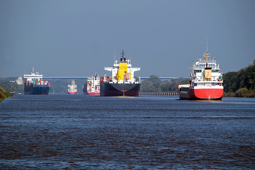 Five freighters on Kiel Canal