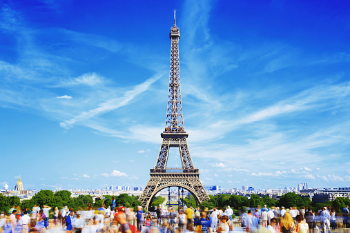 Tourists at Trocadero and Eiffel Tower, Paris