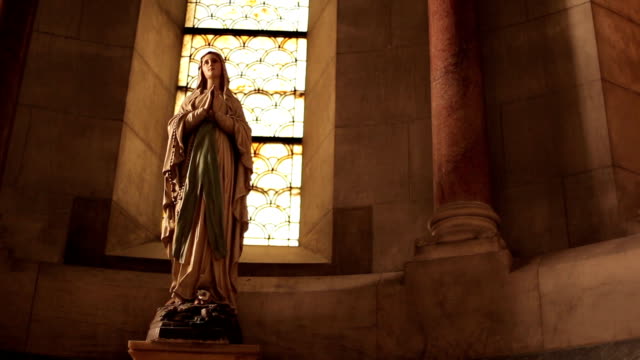 Virgin Mary statue and stained glass window, Cathedral La Major, Marseille, France