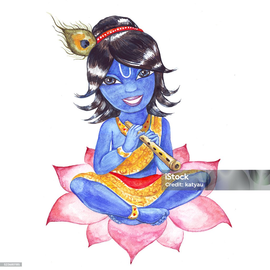 Indian God Krishna. Watercolor illustration. Indian God Krishna. Watercolor hand drawn illustration. Animal Markings stock illustration