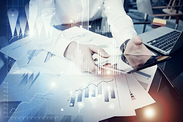 istock Photo man holding modern tablet screen.Trader manager working new 523689158