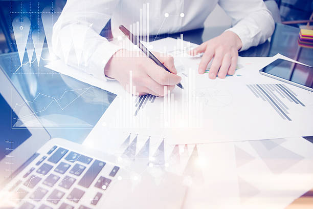 istock Investment manager working process.Concept photo trader work market report 523689418