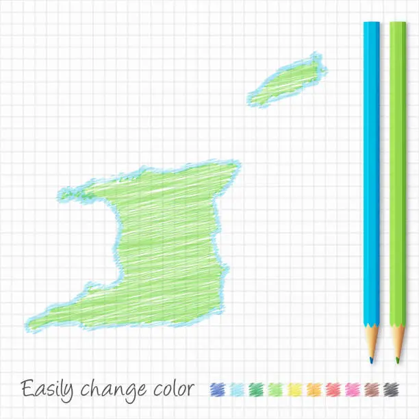 Vector illustration of Trinidad and Tobago map sketch with color pencils, grid paper