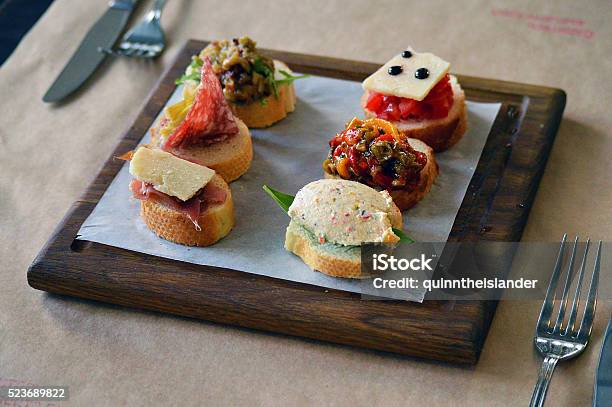 Six Different Types Of Bruschetta Stock Photo - Download Image Now - Appetizer, Bread, Bruschetta