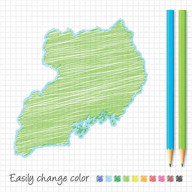 Vector illustration of Uganda map sketch with color pencils, on grid paper