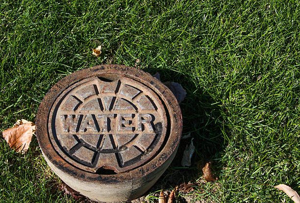istock Metal water cover surrounded by green grass 523691165