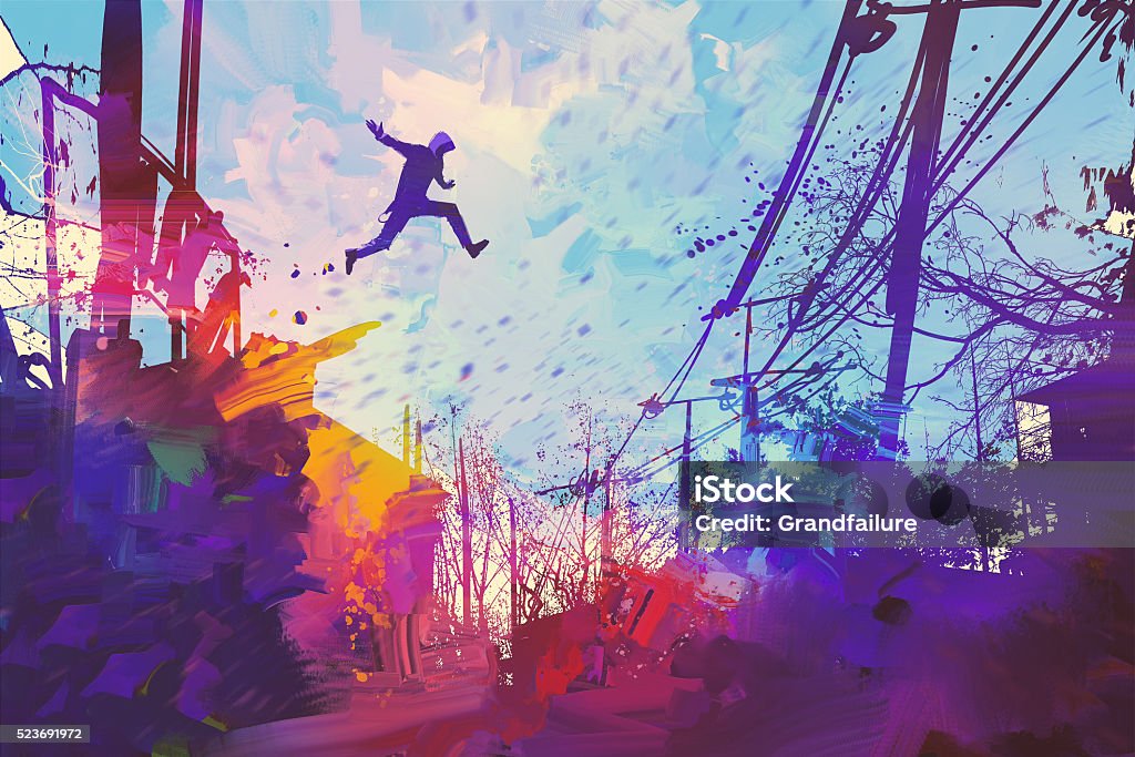 Salto de hombre en el último piso de la ciudad, con abstracto grunge - Ilustración de stock de Carrera urbana libre libre de derechos