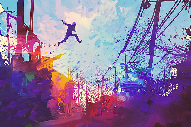 man jumping on the roof in city with abstract grunge man jumping on the roof in city with abstract grunge,illustration painting high up city stock illustrations