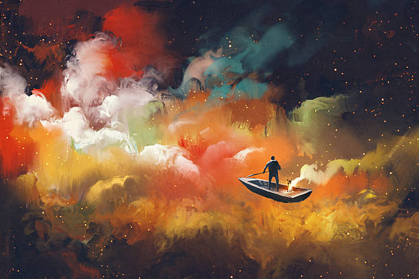 mann in einem boot im weltraum - kunst stock-grafiken, -clipart, -cartoons und -symbole