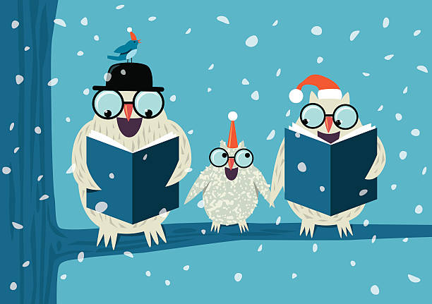 ilustrações de stock, clip art, desenhos animados e ícones de cantar owls - christmas snow child winter