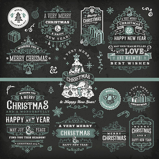 illustrazioni stock, clip art, cartoni animati e icone di tendenza di disegnati a mano lavagna natale etichette & badge - blackboard christmas retro revival old fashioned