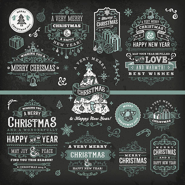 руки drawn классная доска рождество этикетки & значки - christmas season christmas tree nostalgia stock illustrations