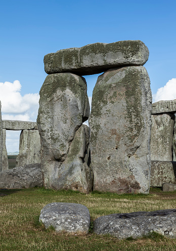 Closeup of Stonehenge trilithon on sunny day