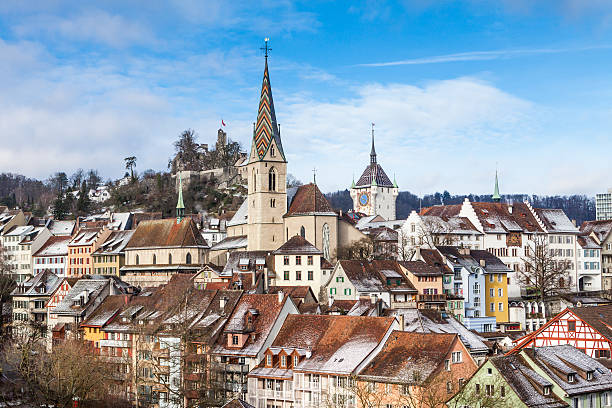 Baden in canton of Aargau, Switzerland Baden, Switzerland - January 31, 2015: Typical view to the city of Baden on January 31, 2015. Baden is a municipality in the Swiss canton of Aargau, located 25 km (16 mi) northwest of Zurich. aargau canton photos stock pictures, royalty-free photos & images