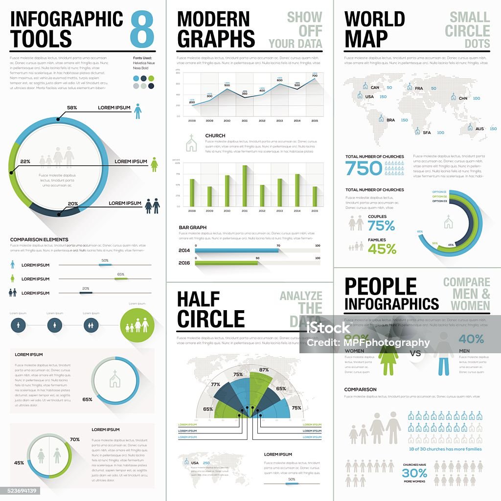 World map infographics & business visualization vector elements World map infographics & business visualization vector elements. Elements for graphic presentation in newspapers, brochures, flyers, websites, etc. Flat and long shadows design. Blue & green colors. Big Data stock vector