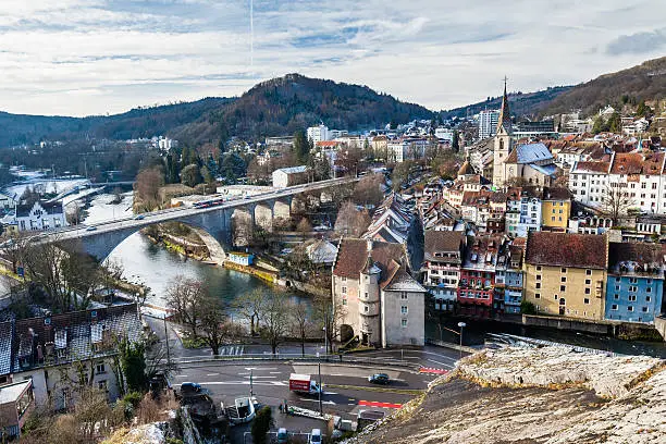 Typical view to the city of Baden on January 31, 2015. Baden is a municipality in the Swiss canton of Aargau, located 25 km (16 mi) northwest of Zurich.