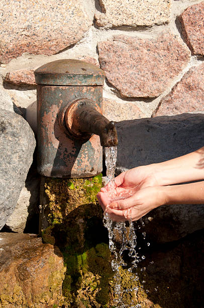 istock female hands under the column  of water from the source 523694571
