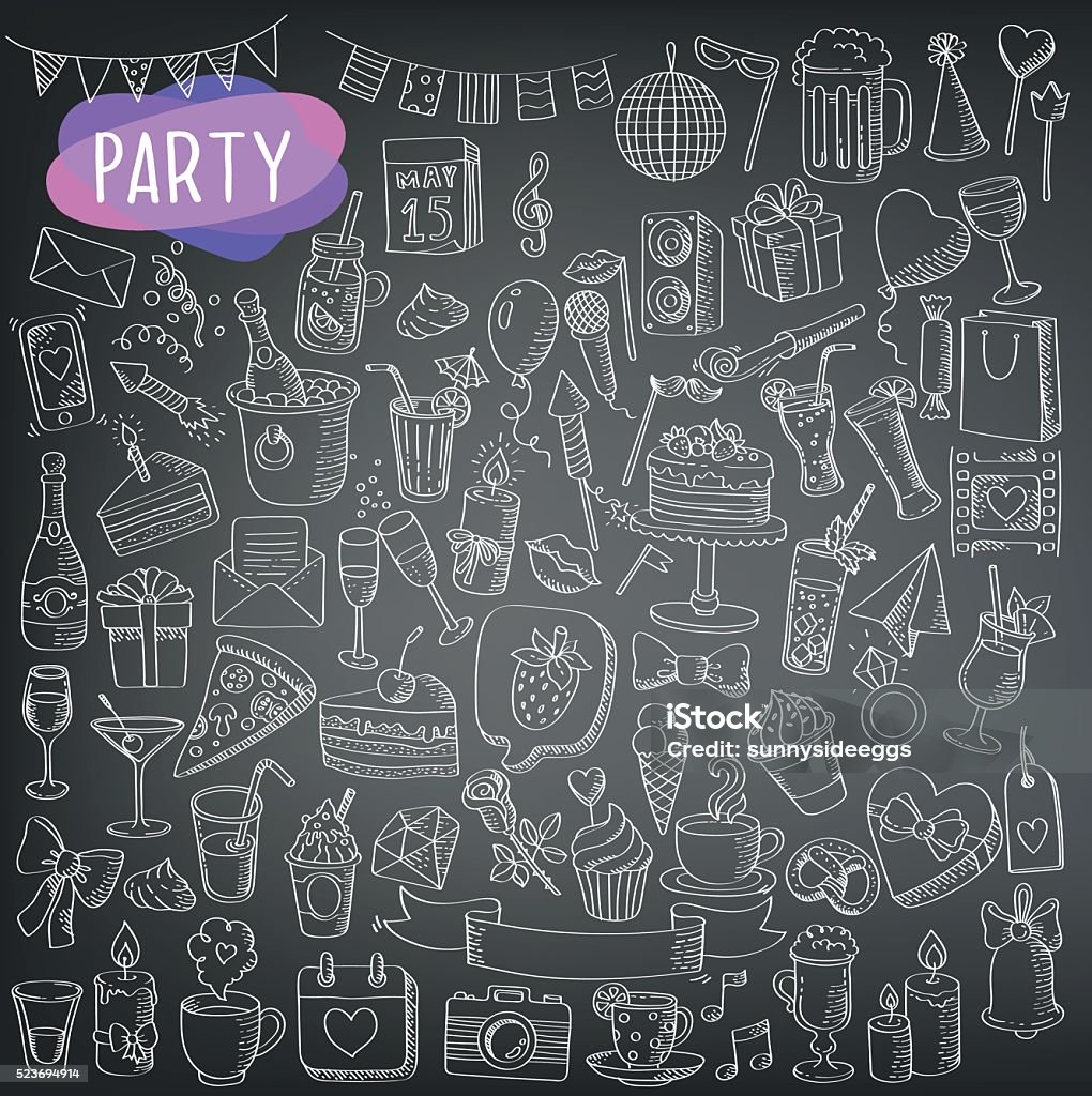 holidays and party icons chalkboard. doodle,holidays and party icons, celebration Chalk - Art Equipment stock vector