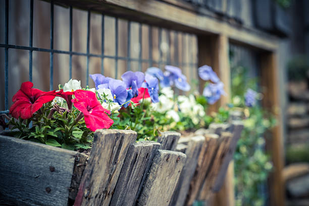 Handmade wooden flower basket in backyard