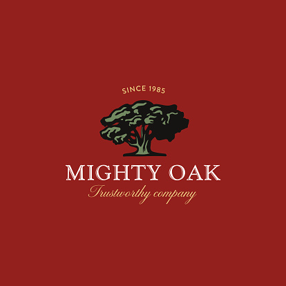 Vintage badge with old mighty tree, communicates idea of safety, stability, consistency, power, security, grow, traditions, heritage, guard, intelligence, stability, wisdom, experience. logo template