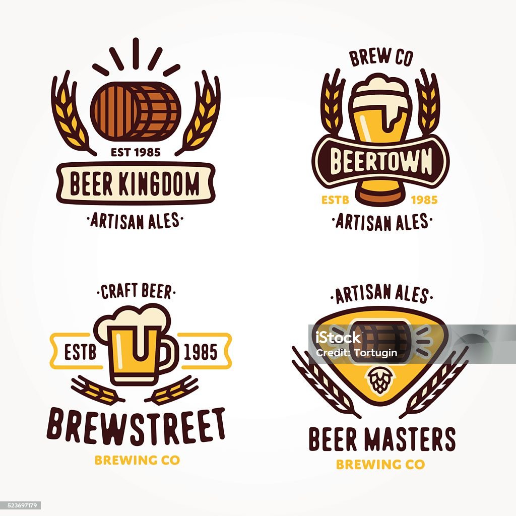 Set of beer logo design elements Set of vintage line art badge, logo templates and design elements for beer house, bar, pub, brewing company, brewery, tavern, taproom, alehouse, restaurant (mug, glass, barrel, wheat, hop icons) Beer - Alcohol stock vector