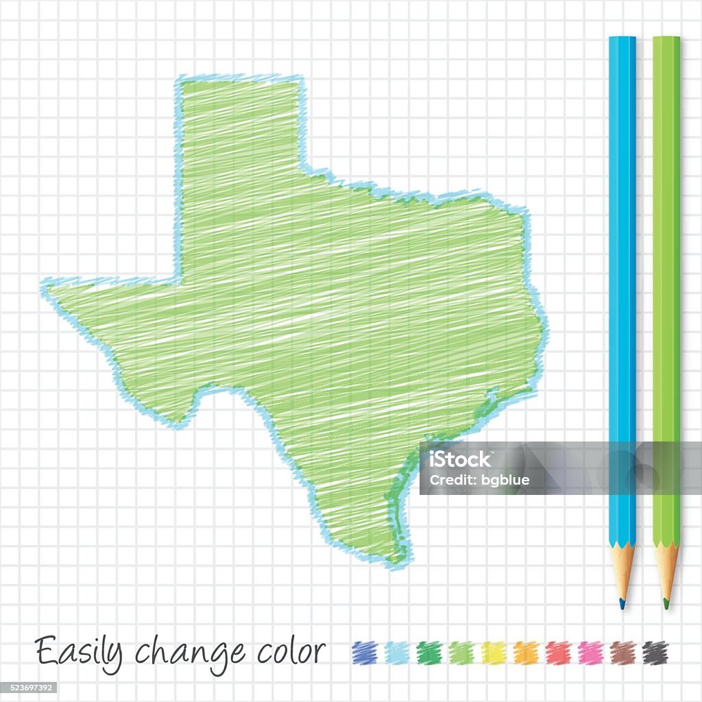 Texas map sketch with color pencils, on grid paper Map of Texas drawn with colored pencils, isolated on a squared paper sheet. Easily change color : blue, green, yellow, orange, red, pink, brown, black. Texas stock vector