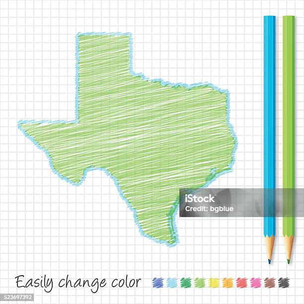 Texas Map Sketch With Color Pencils On Grid Paper Stock Illustration - Download Image Now - Texas, Crayon, Houston - Texas