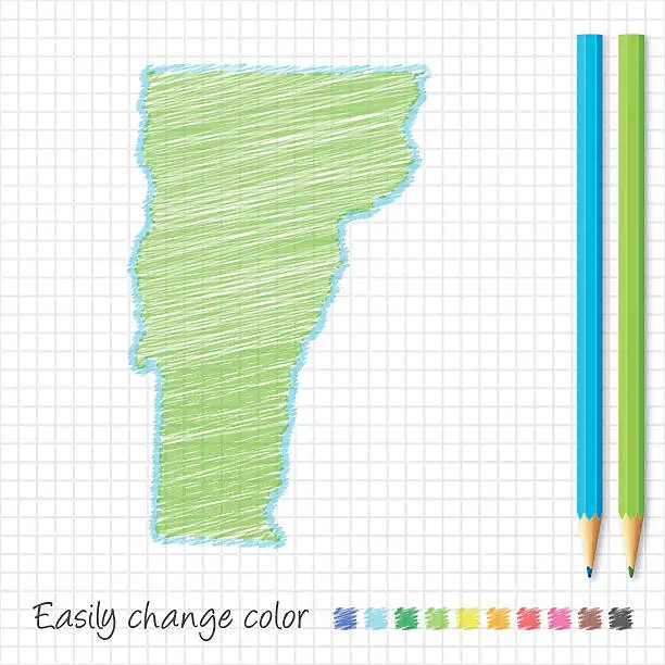 Vector illustration of Vermont map sketch with color pencils, on grid paper