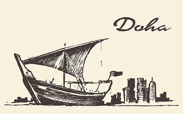 ilustraciones, imágenes clip art, dibujos animados e iconos de stock de horizonte de doha, qatar dhow dibujo vector dibujado a mano - catar arabia
