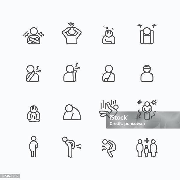 Sick And Symptoms Injuries Silhouette Icons Flat Line Design Stock Illustration - Download Image Now