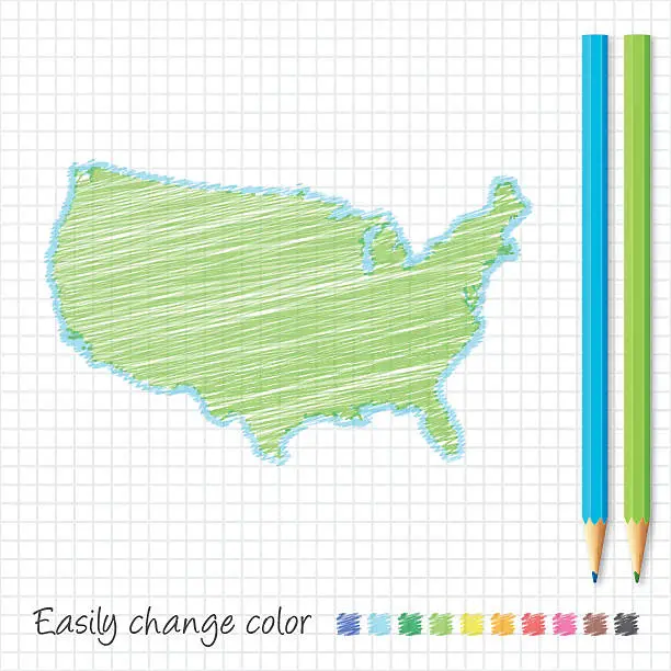 Vector illustration of USA map sketch with color pencils, on grid paper