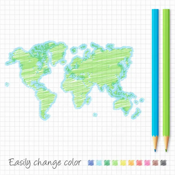 Vector illustration of World map sketch with color pencils, on grid paper